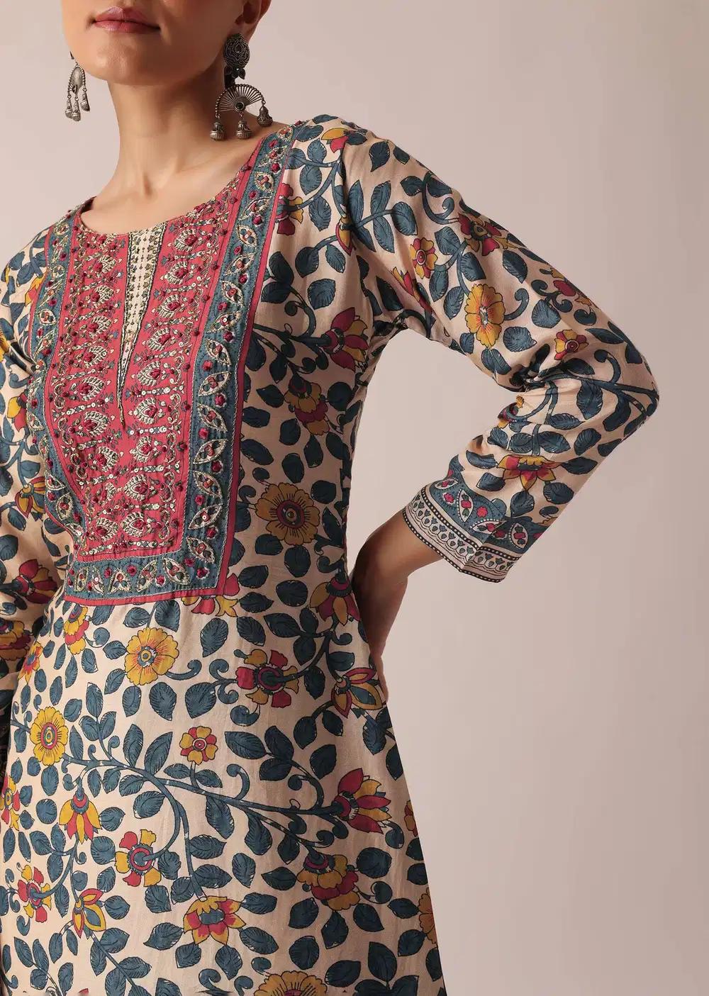Beige Printed Kurta And Pant Ensemble Outfit