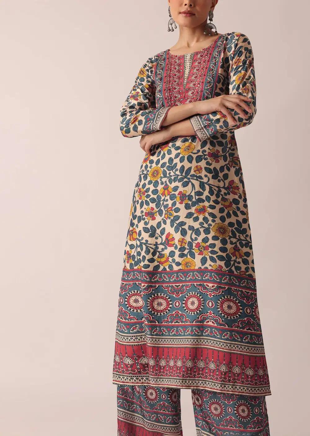 Beige Printed Kurta And Pant Ensemble Outfit
