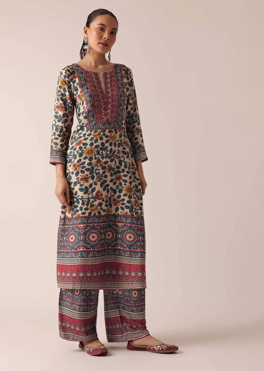 Beige Printed Kurta And Pant Ensemble Outfit