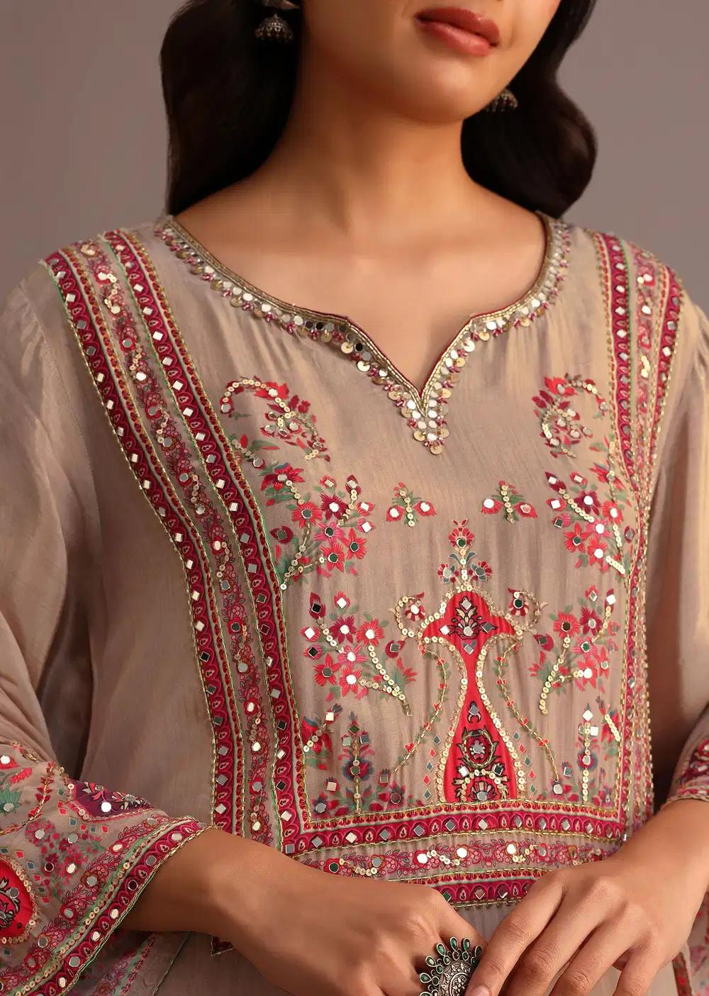 Beige Printed Kurti Pant Ensemble With Chiffon Dupatta