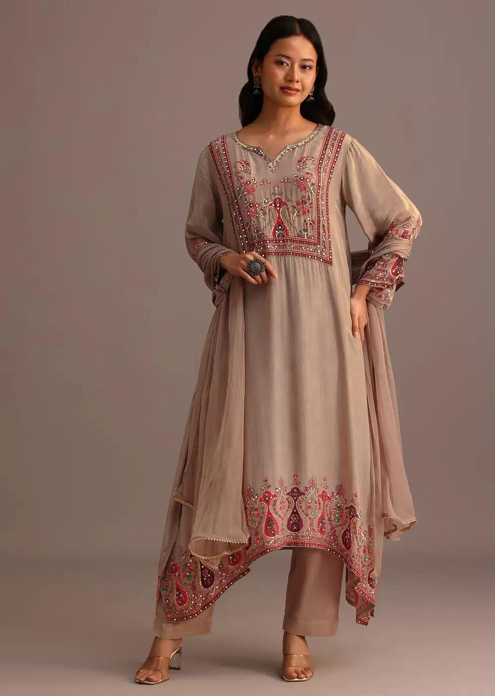 Beige Printed Kurti Pant Ensemble With Chiffon Dupatta