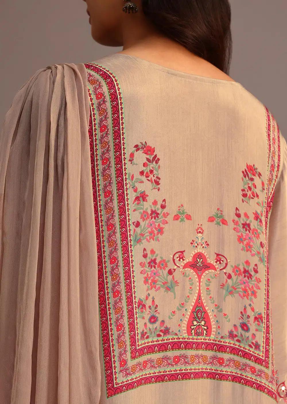 Beige Printed Kurti Pant Ensemble With Chiffon Dupatta