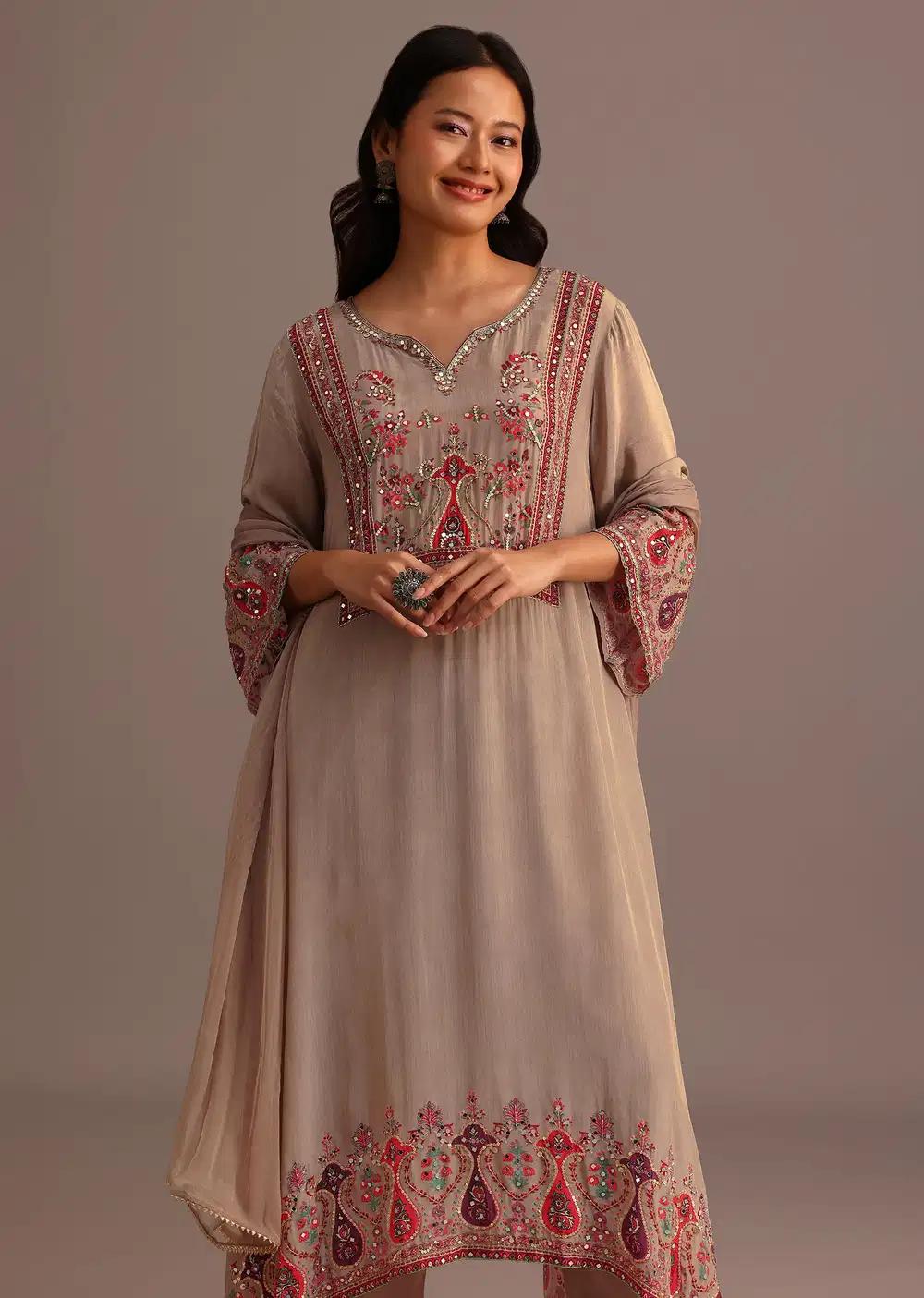 Beige Printed Kurti Pant Ensemble With Chiffon Dupatta