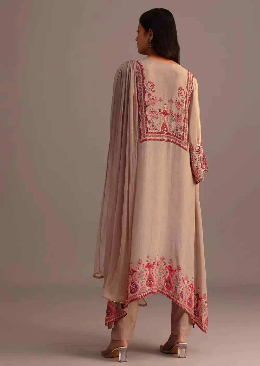 Beige Printed Kurti Pant Ensemble With Chiffon Dupatta