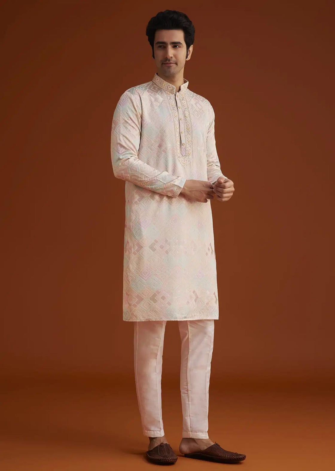 Beige Printed Silk Kurta Set Hand Embellishments Elegant Designer Kurta Sets