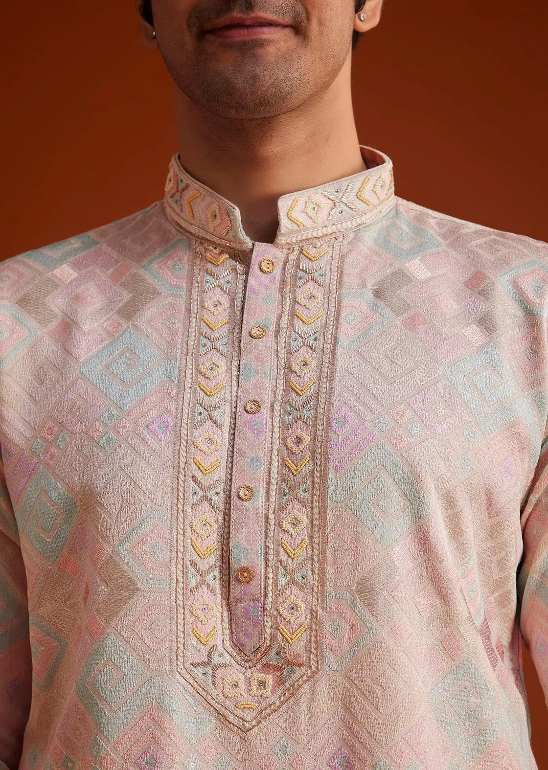 Beige Printed Silk Kurta Set Hand Embellishments Elegant Designer Kurta Sets
