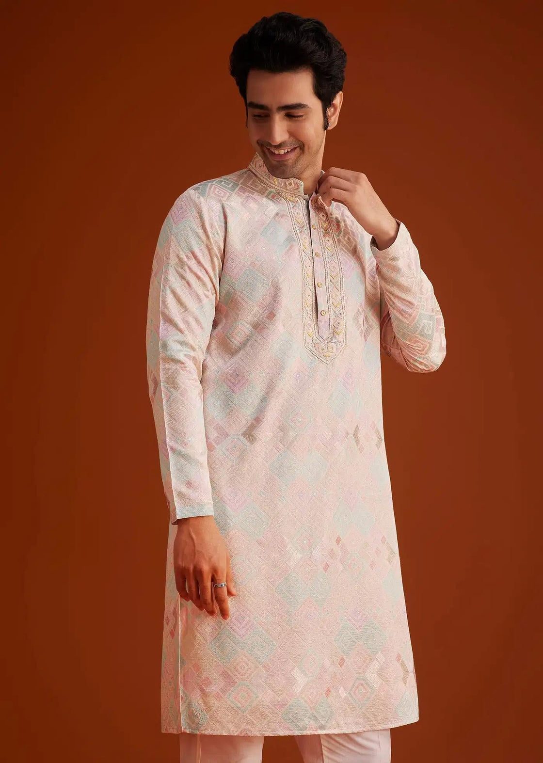Beige Printed Silk Kurta Set Hand Embellishments Elegant Designer Kurta Sets