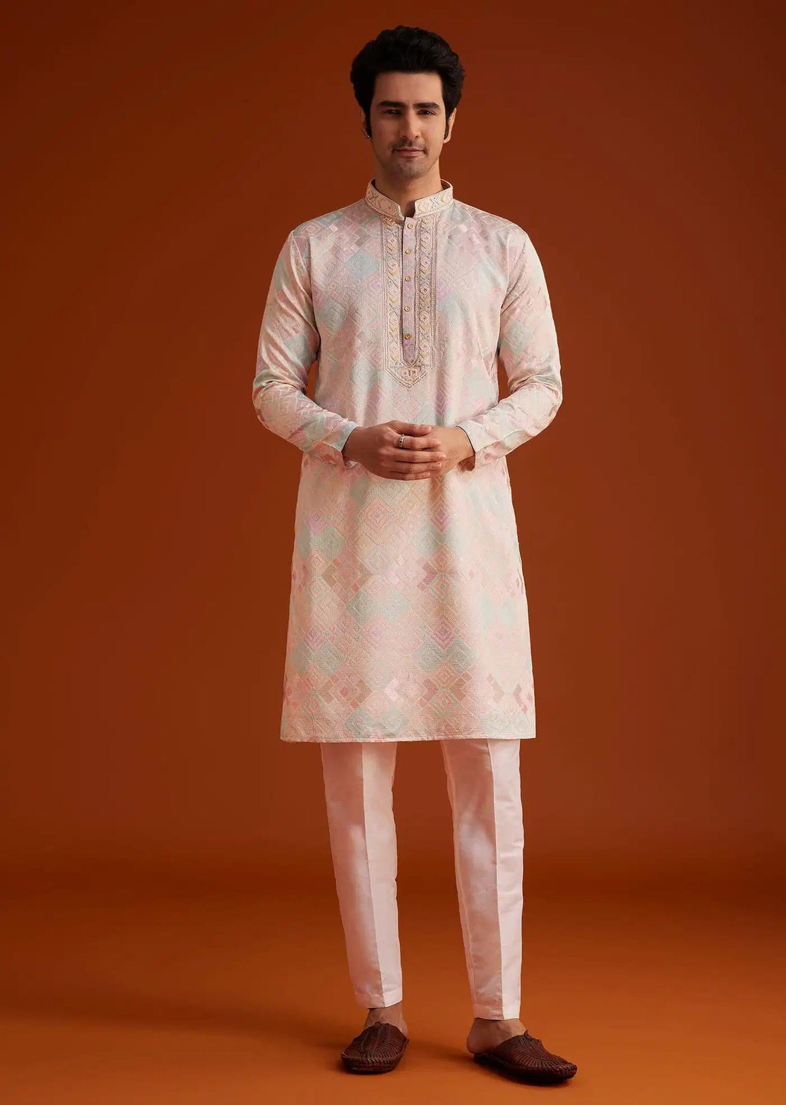 Beige Printed Silk Kurta Set Hand Embellishments Elegant Designer Kurta Sets