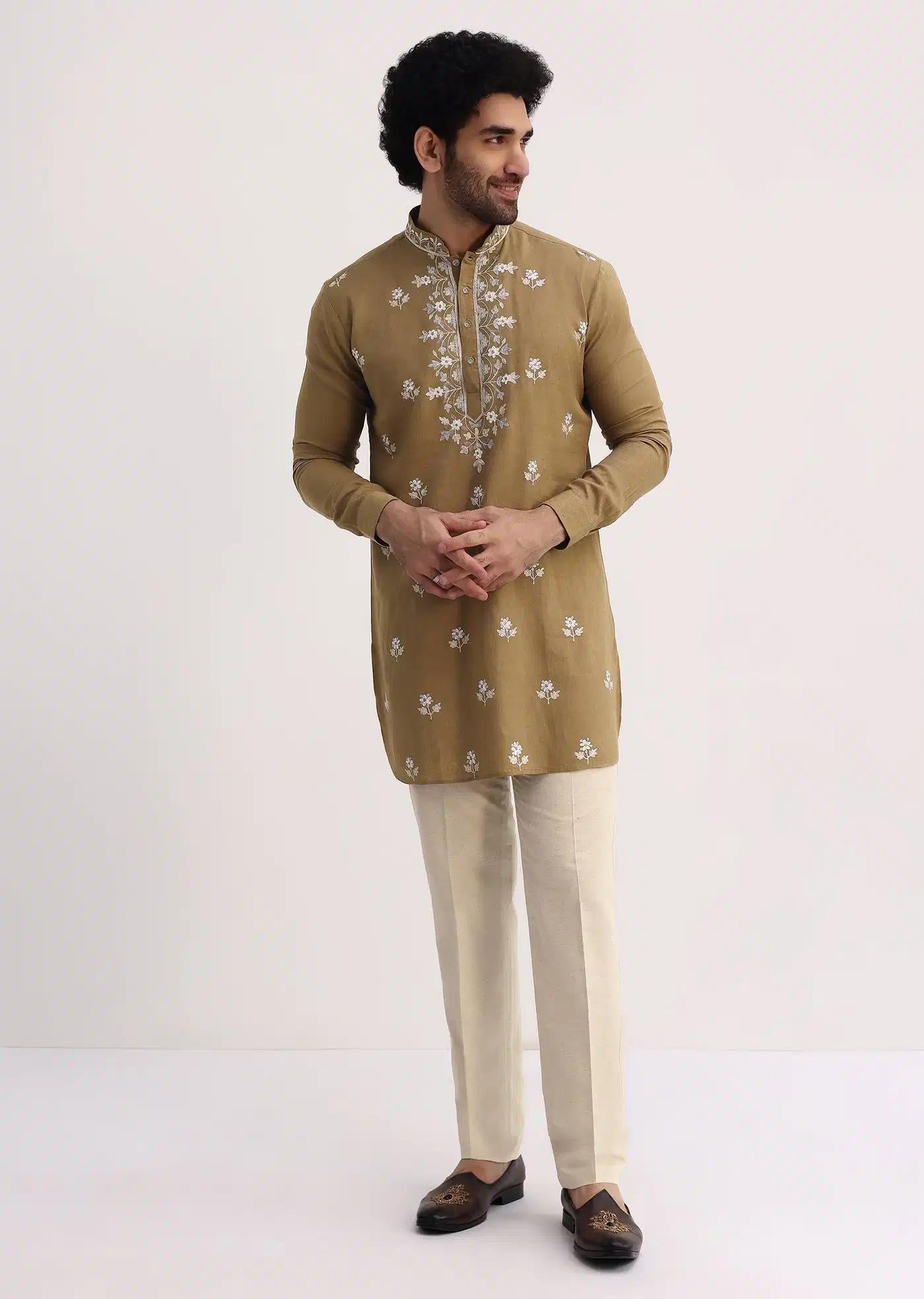 Beige Resham Work Kurta Set For Men Elegant Designer Kurta Sets