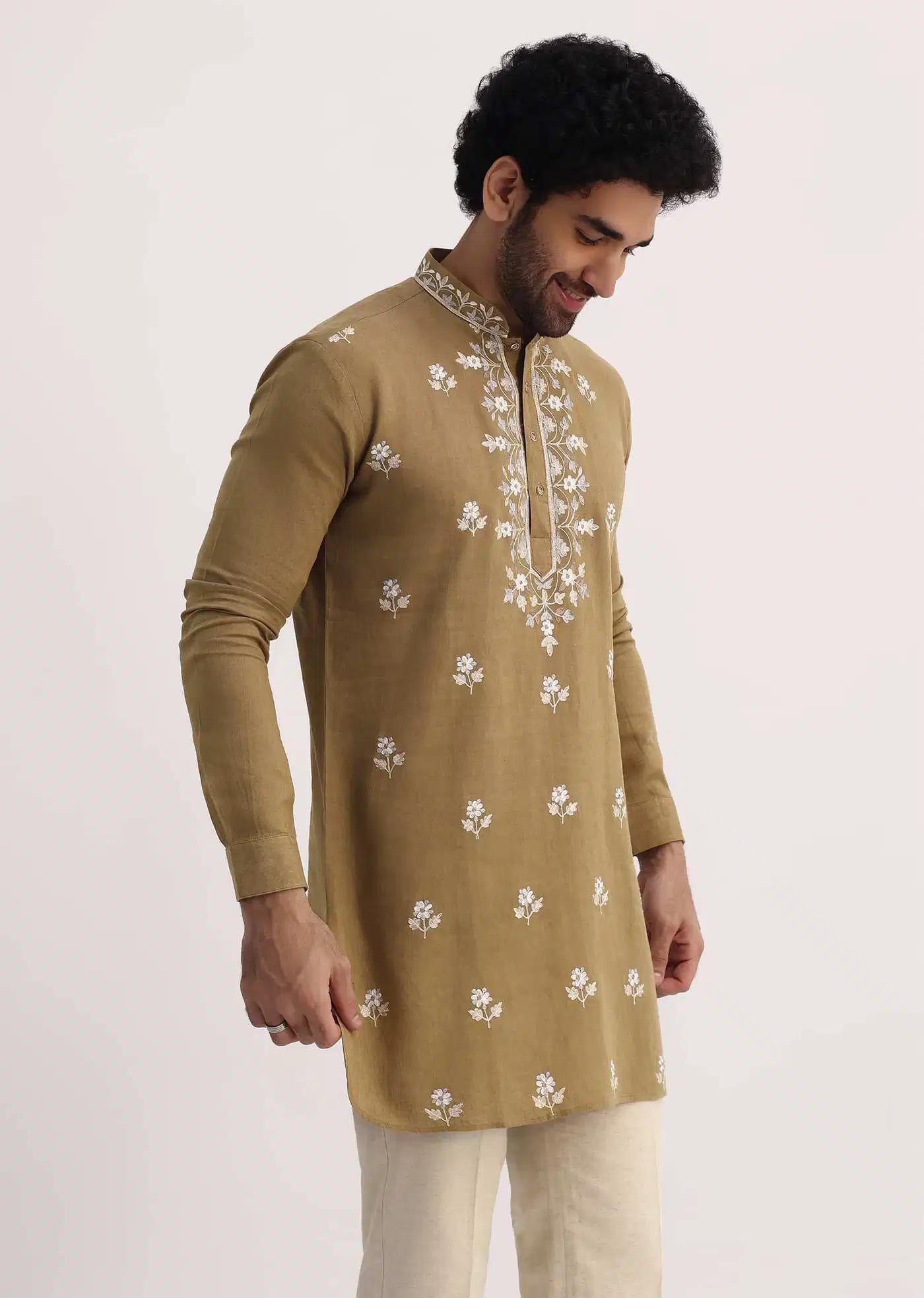 Beige Resham Work Kurta Set For Men Elegant Designer Kurta Sets