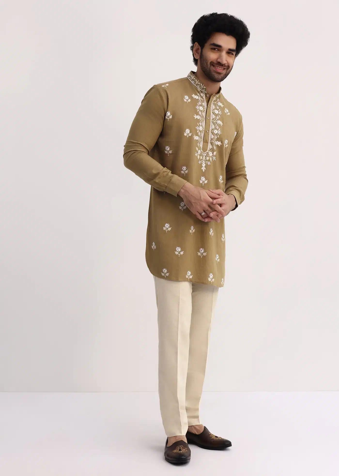 Beige Resham Work Kurta Set For Men Elegant Designer Kurta Sets