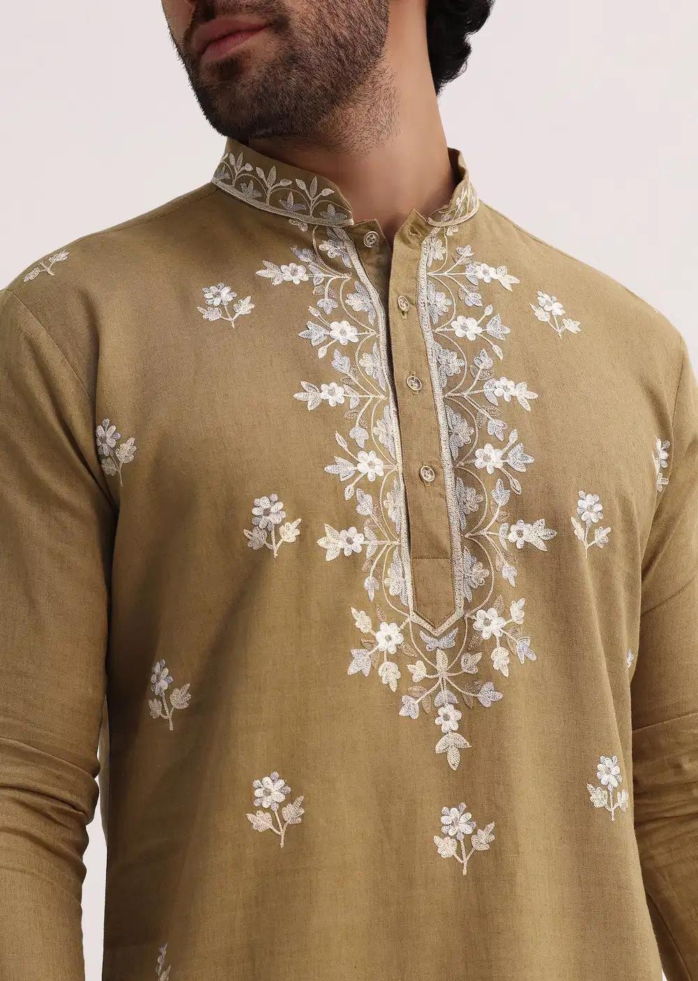 Beige Resham Work Kurta Set For Men Elegant Designer Kurta Sets