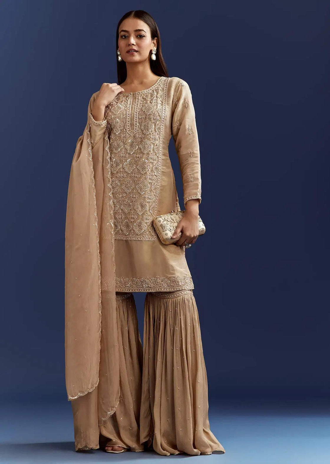 Beige Sequins Cutdana Tunic Featuring Sharara Trousers Organza Drape