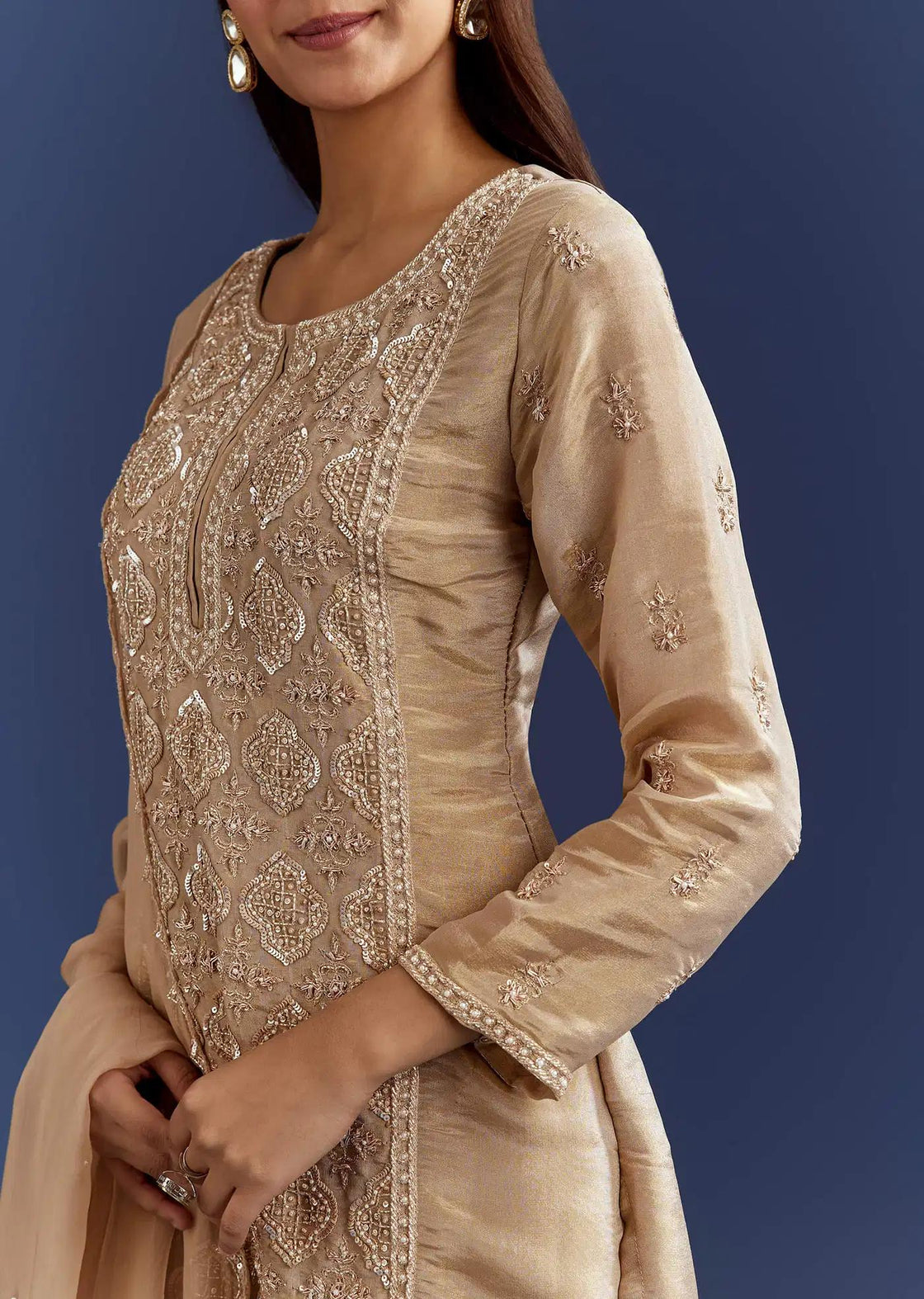 Beige Sequins Cutdana Tunic Featuring Sharara Trousers Organza Drape