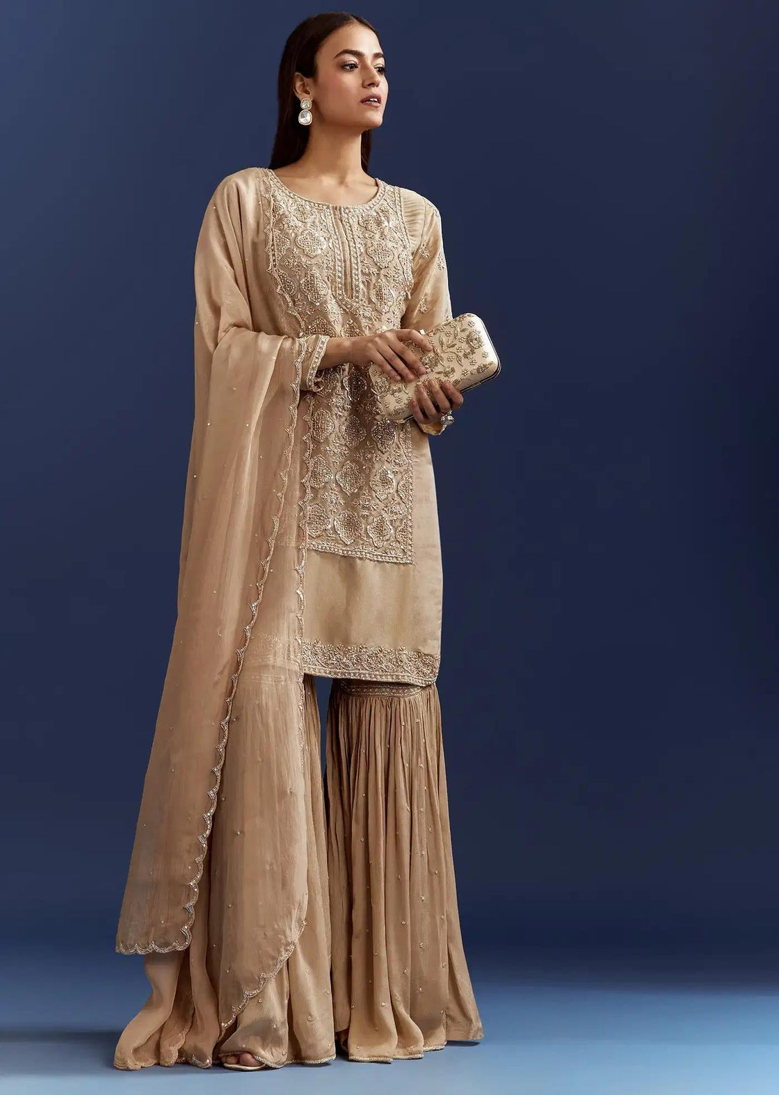 Beige Sequins Cutdana Tunic Featuring Sharara Trousers Organza Drape