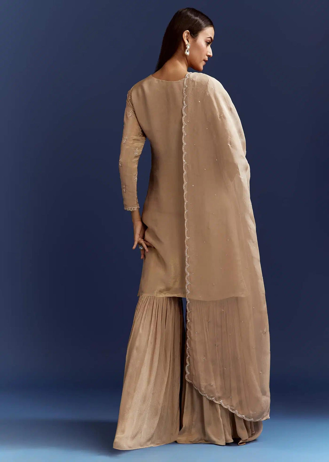 Beige Sequins Cutdana Tunic Featuring Sharara Trousers Organza Drape
