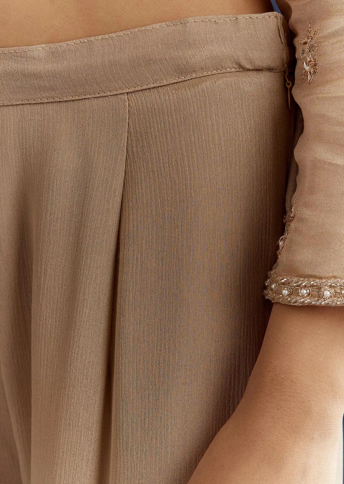 Beige Sequins Cutdana Tunic Featuring Sharara Trousers Organza Drape