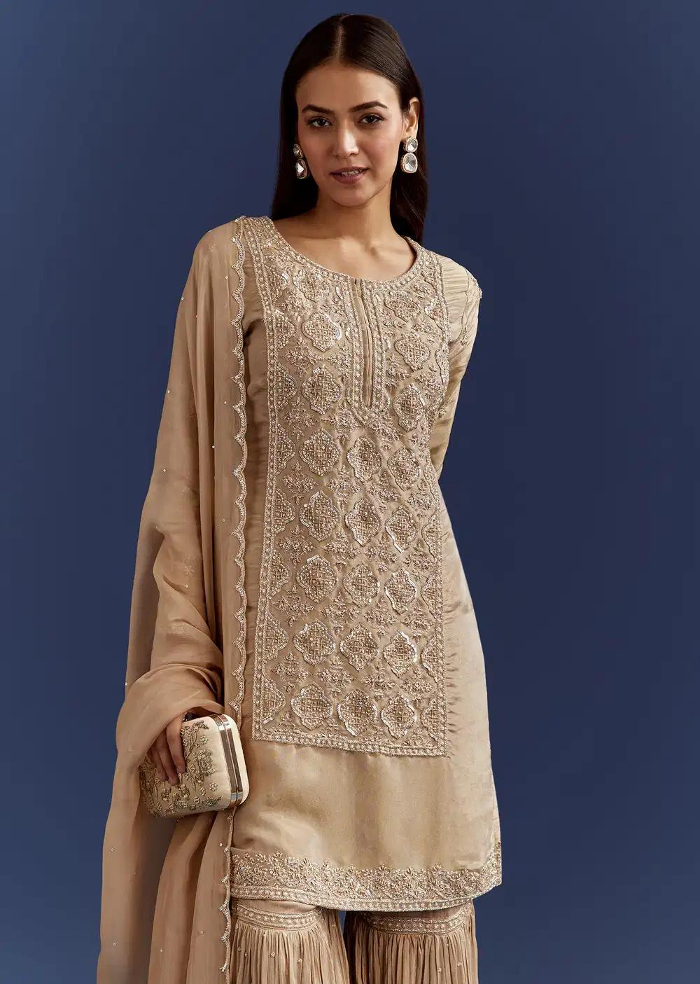 Beige Sequins Cutdana Tunic Featuring Sharara Trousers Organza Drape