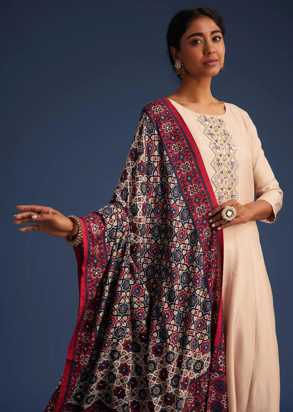 Beige Silk Anarkali Dress Ensemble Featuring Ajrakh Print Drape