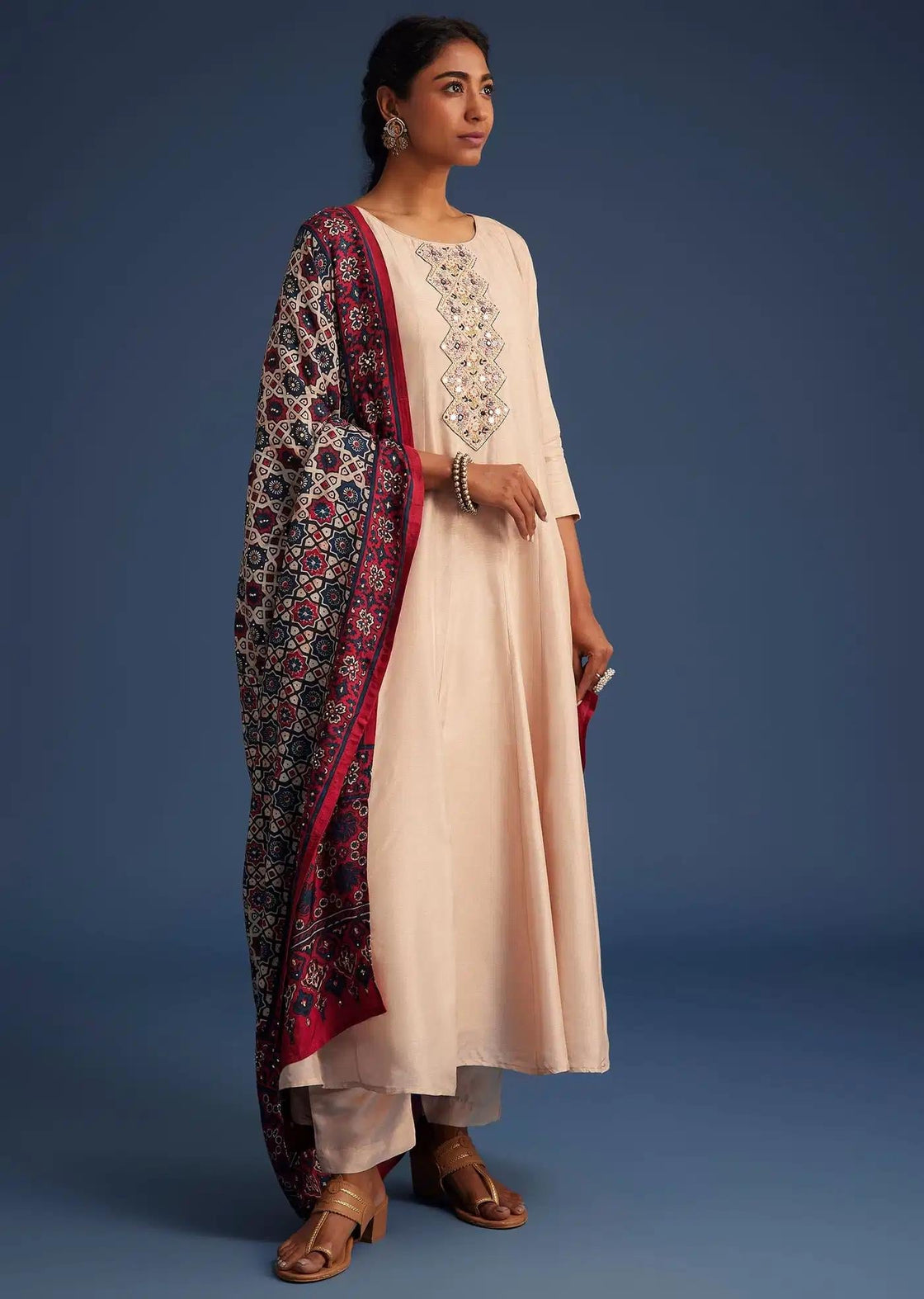 Beige Silk Anarkali Dress Ensemble Featuring Ajrakh Print Drape