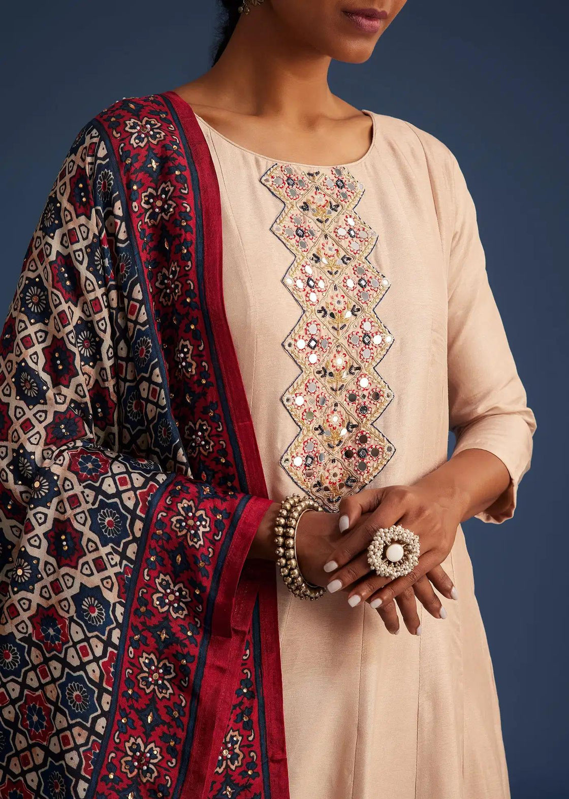 Beige Silk Anarkali Dress Ensemble Featuring Ajrakh Print Drape