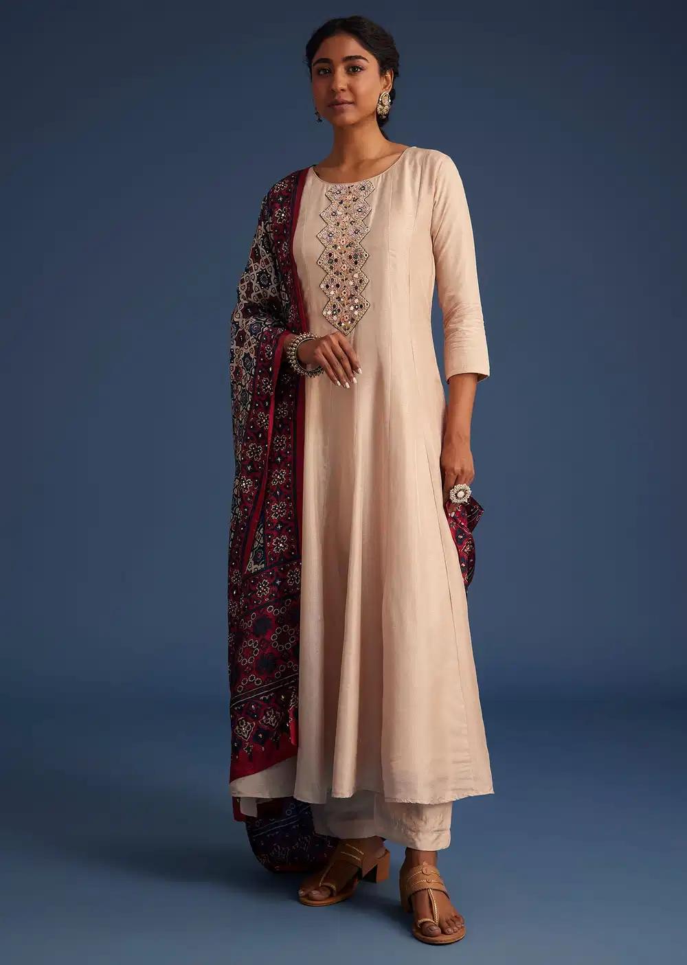 Beige Silk Anarkali Dress Ensemble Featuring Ajrakh Print Drape