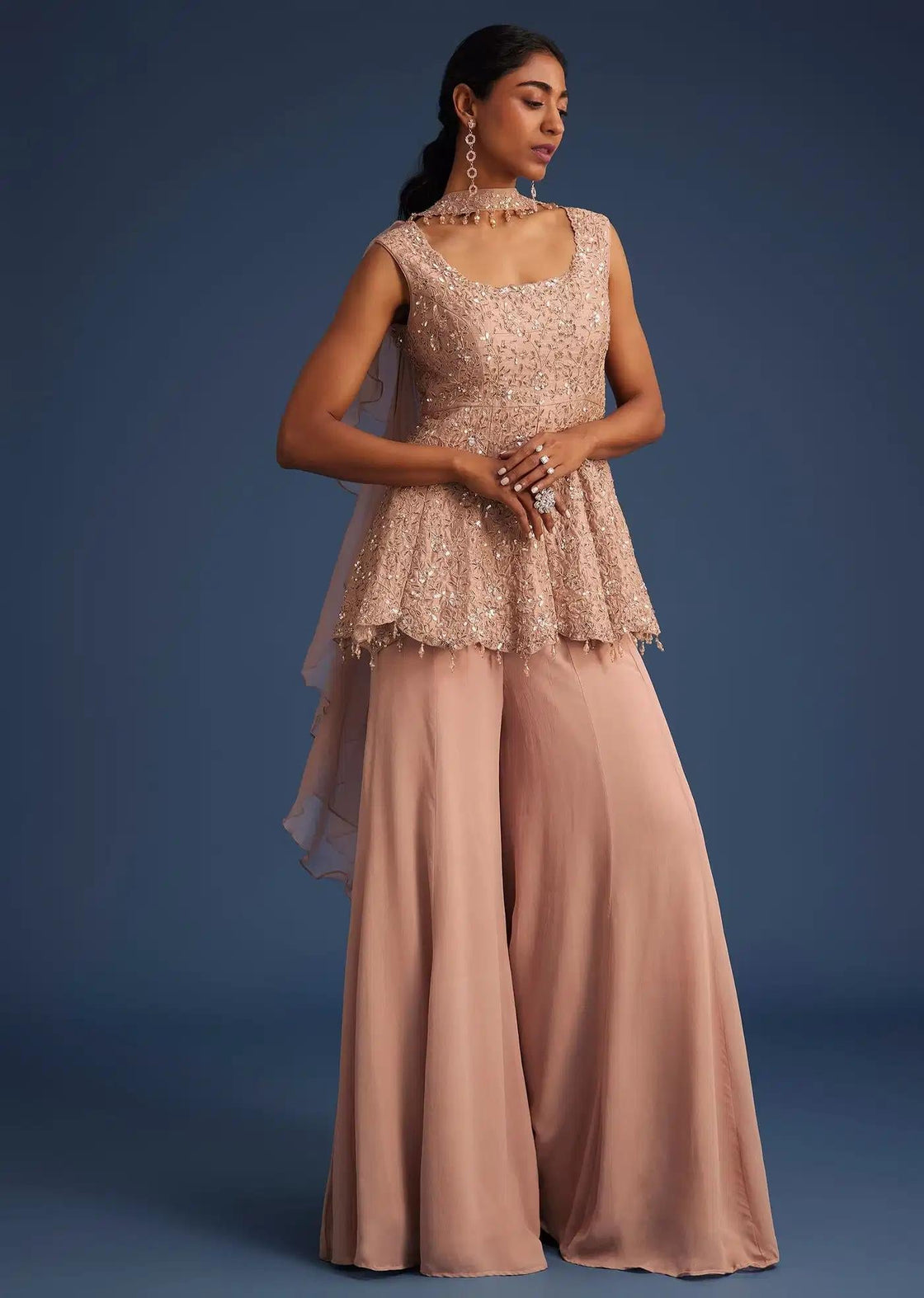 Beige Silk Tunic Ensemble Featuring Georgette Palazzo Trousers