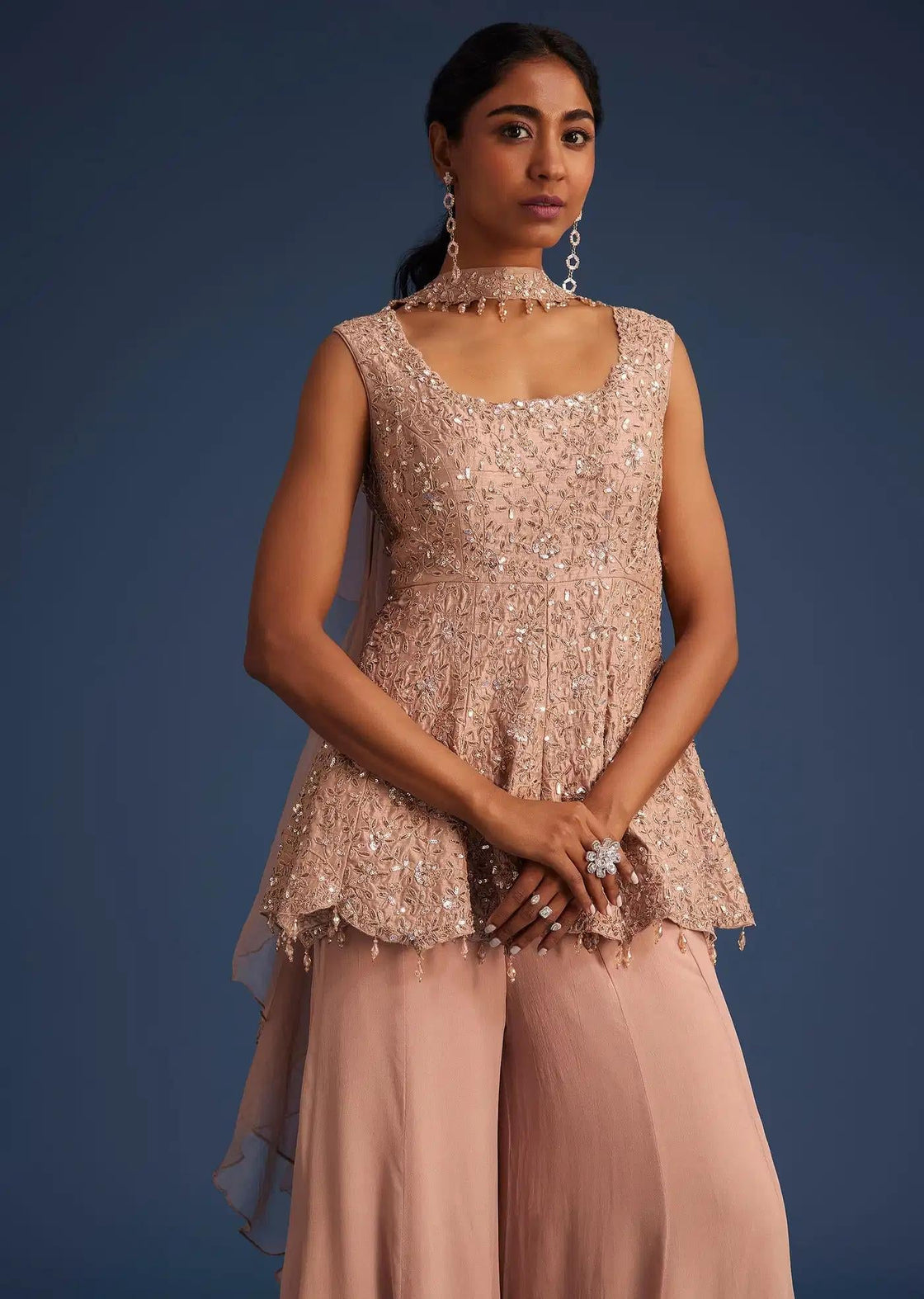 Beige Silk Tunic Ensemble Featuring Georgette Palazzo Trousers