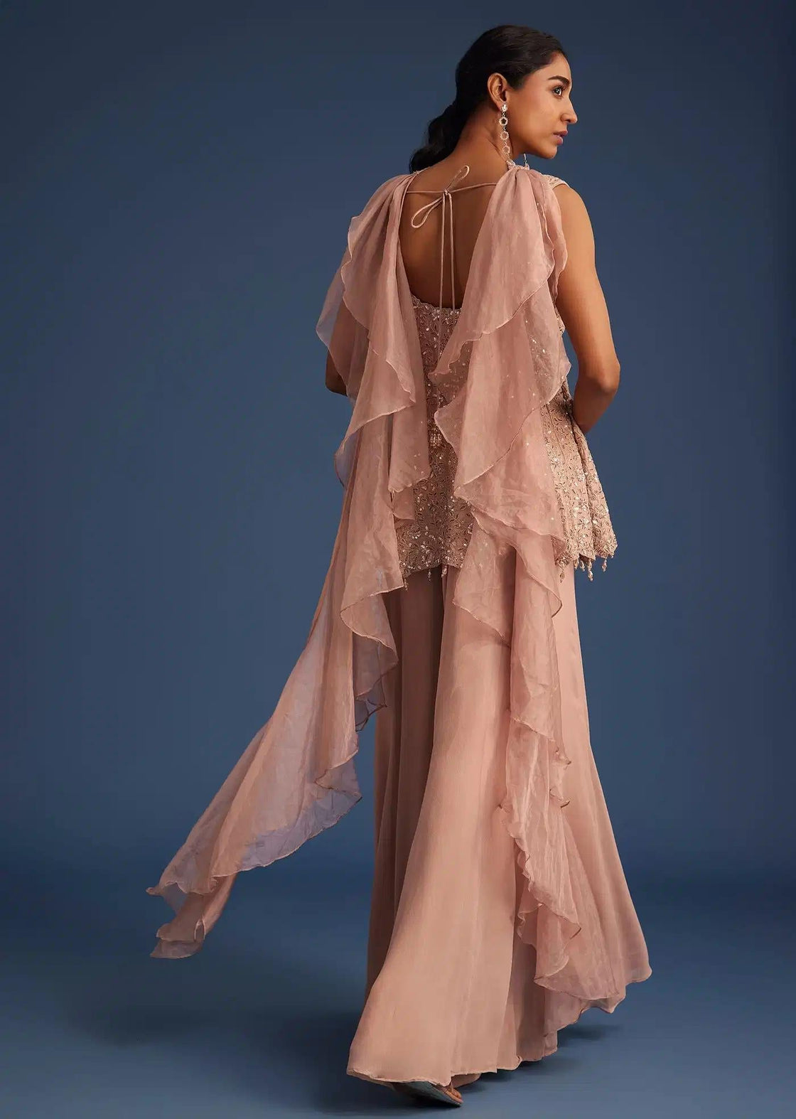 Beige Silk Tunic Ensemble Featuring Georgette Palazzo Trousers