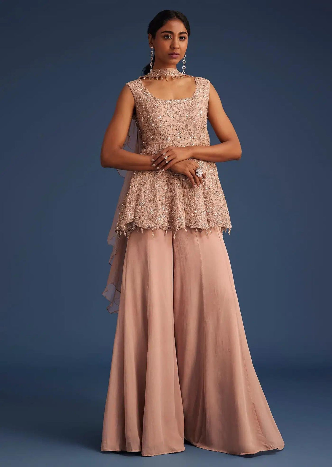Beige Silk Tunic Ensemble Featuring Georgette Palazzo Trousers