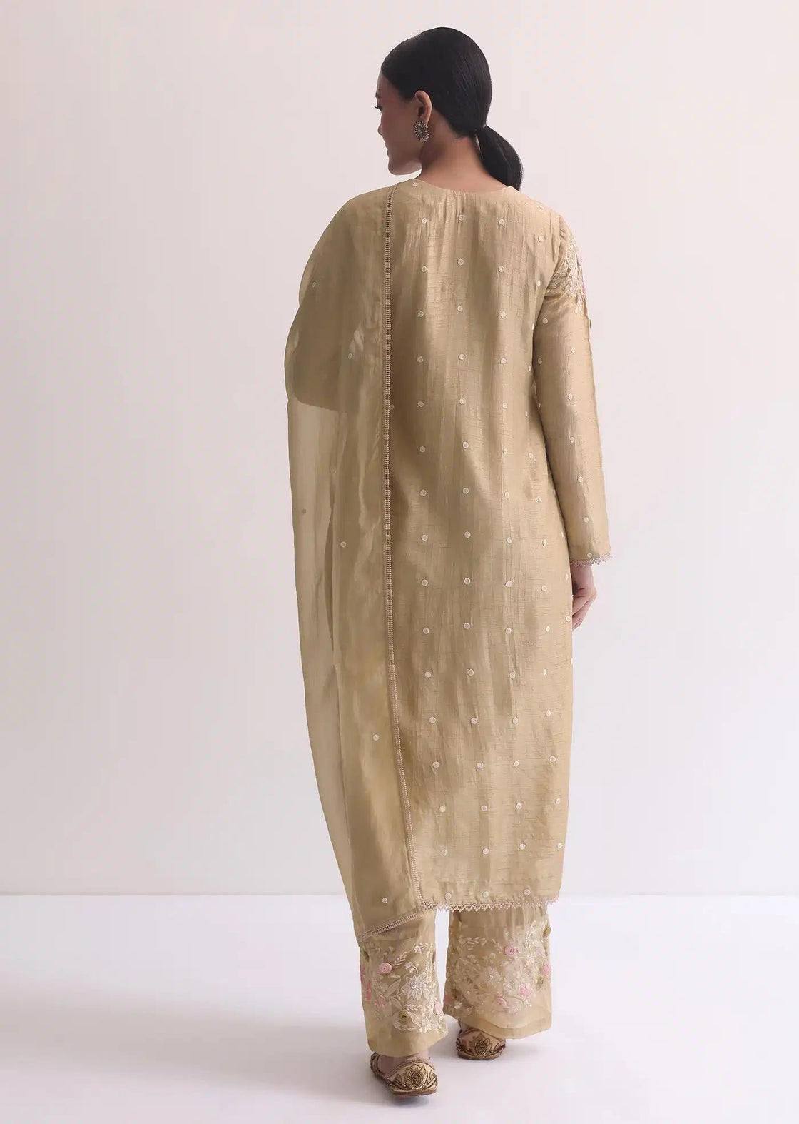 Beige Silk Tunic Trouser Ensemble Featuring 3D Floral Detailing