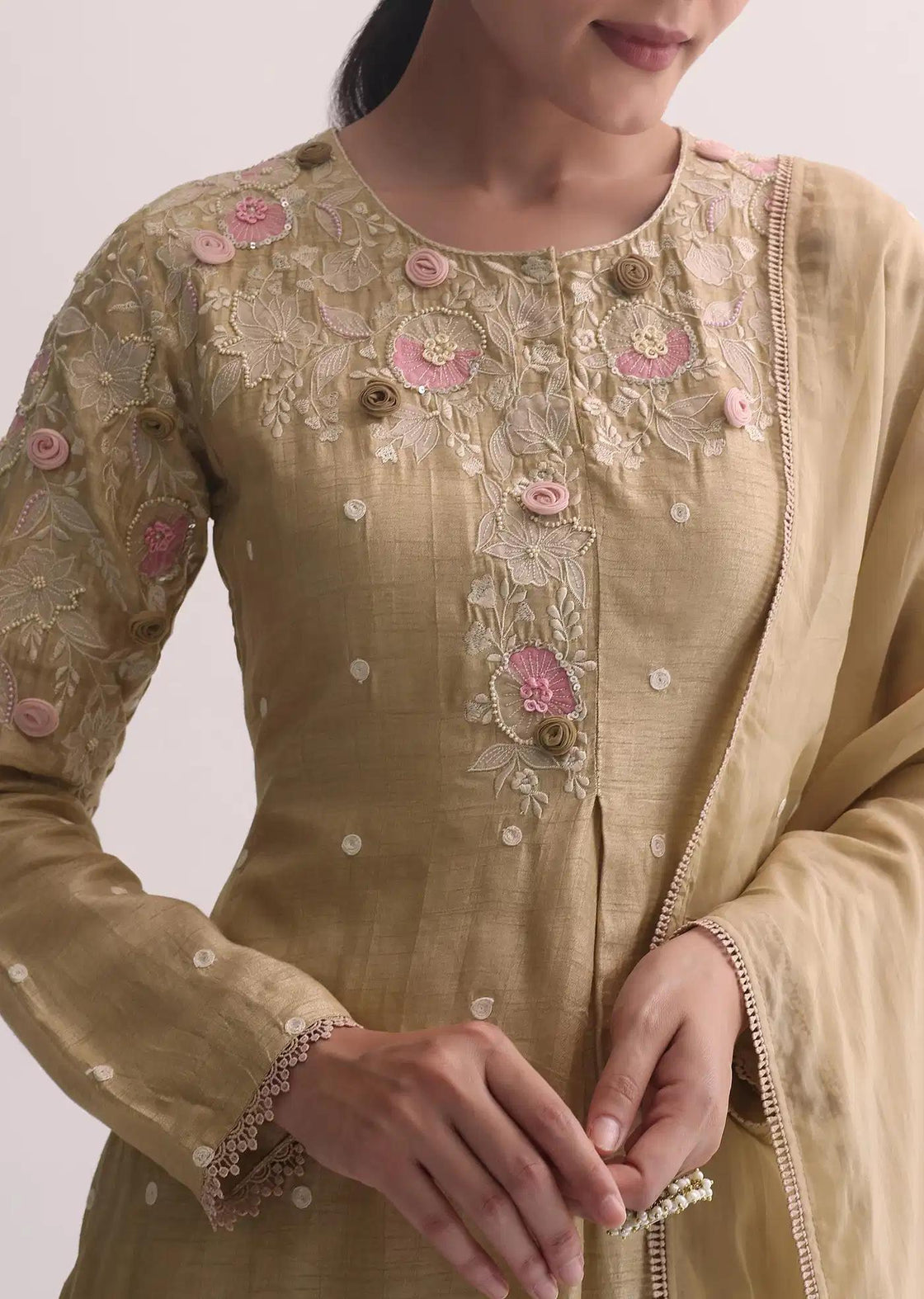 Beige Silk Tunic Trouser Ensemble Featuring 3D Floral Detailing