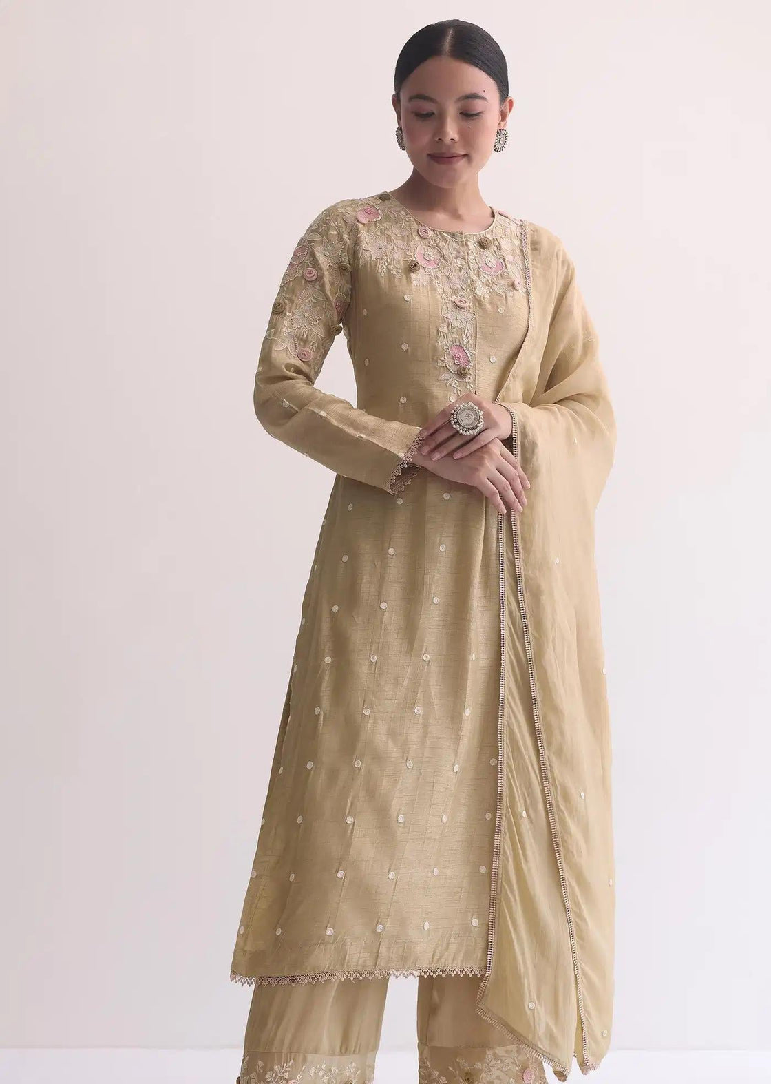 Beige Silk Tunic Trouser Ensemble Featuring 3D Floral Detailing