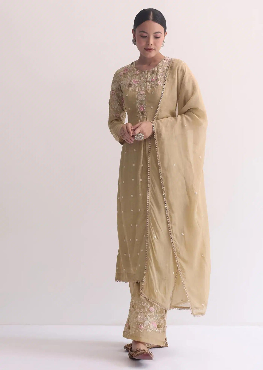 Beige Silk Tunic Trouser Ensemble Featuring 3D Floral Detailing