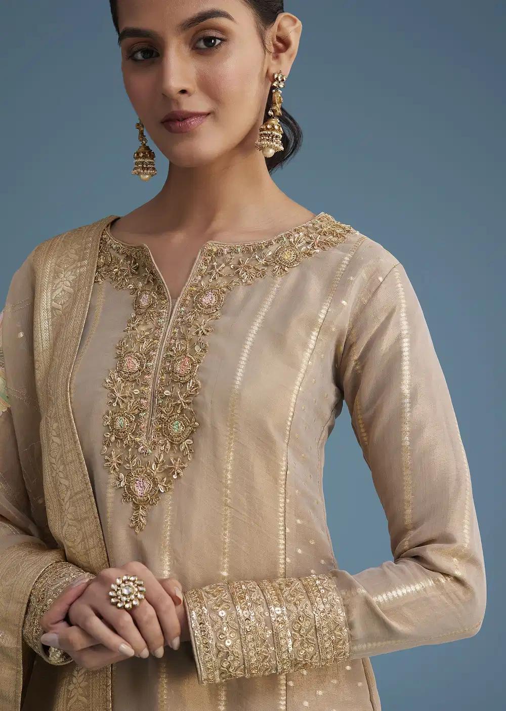 Beige Tissue Pant Ensemble With Multi Colour Resham Work Dupatta