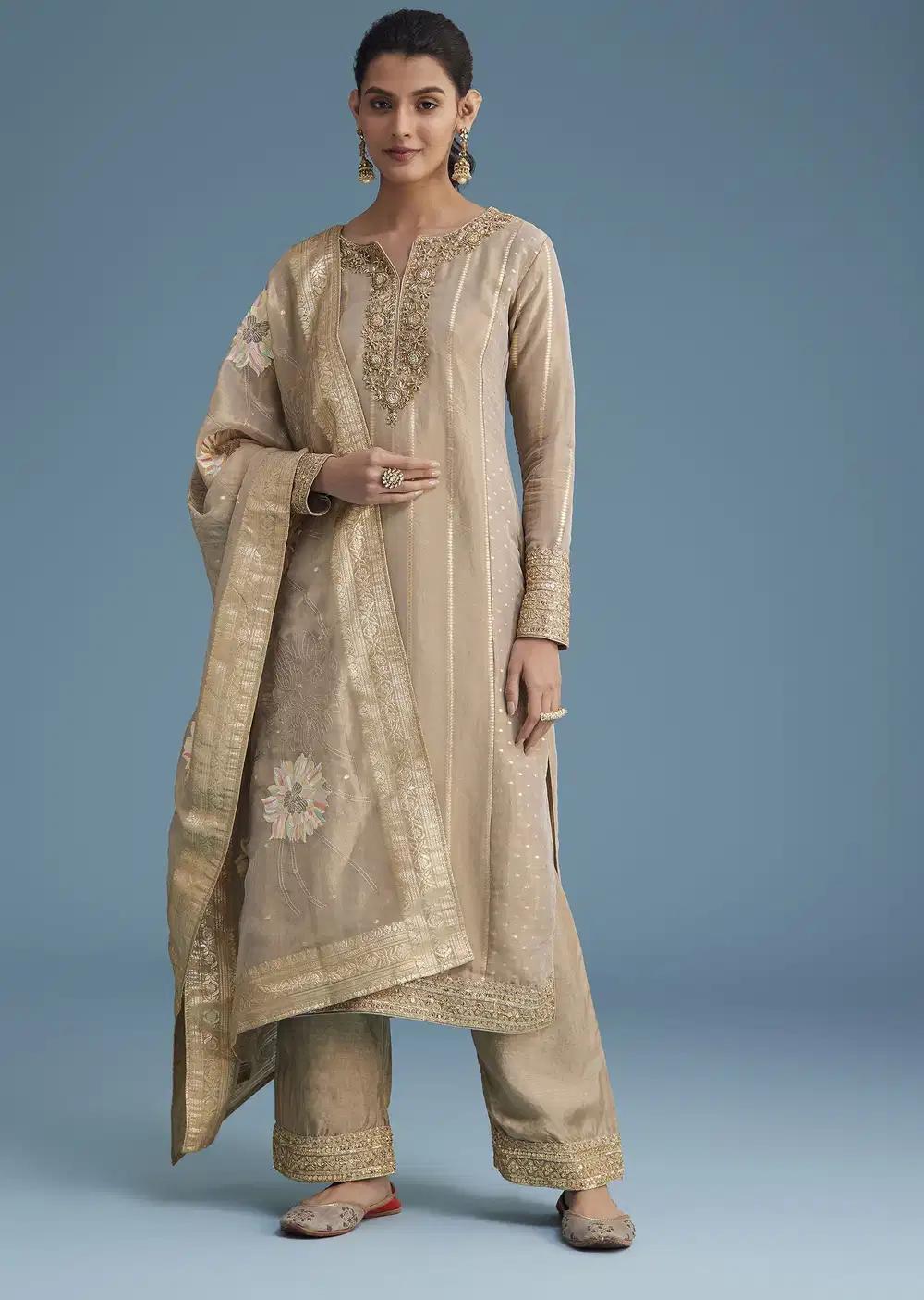 Beige Tissue Pant Ensemble With Multi Colour Resham Work Dupatta