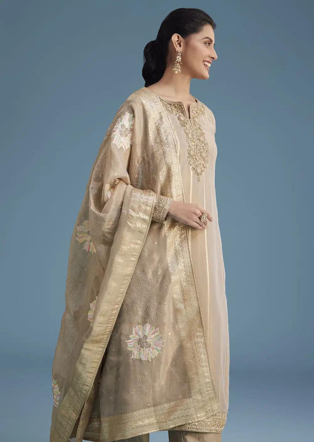 Beige Tissue Pant Ensemble With Multi Colour Resham Work Dupatta