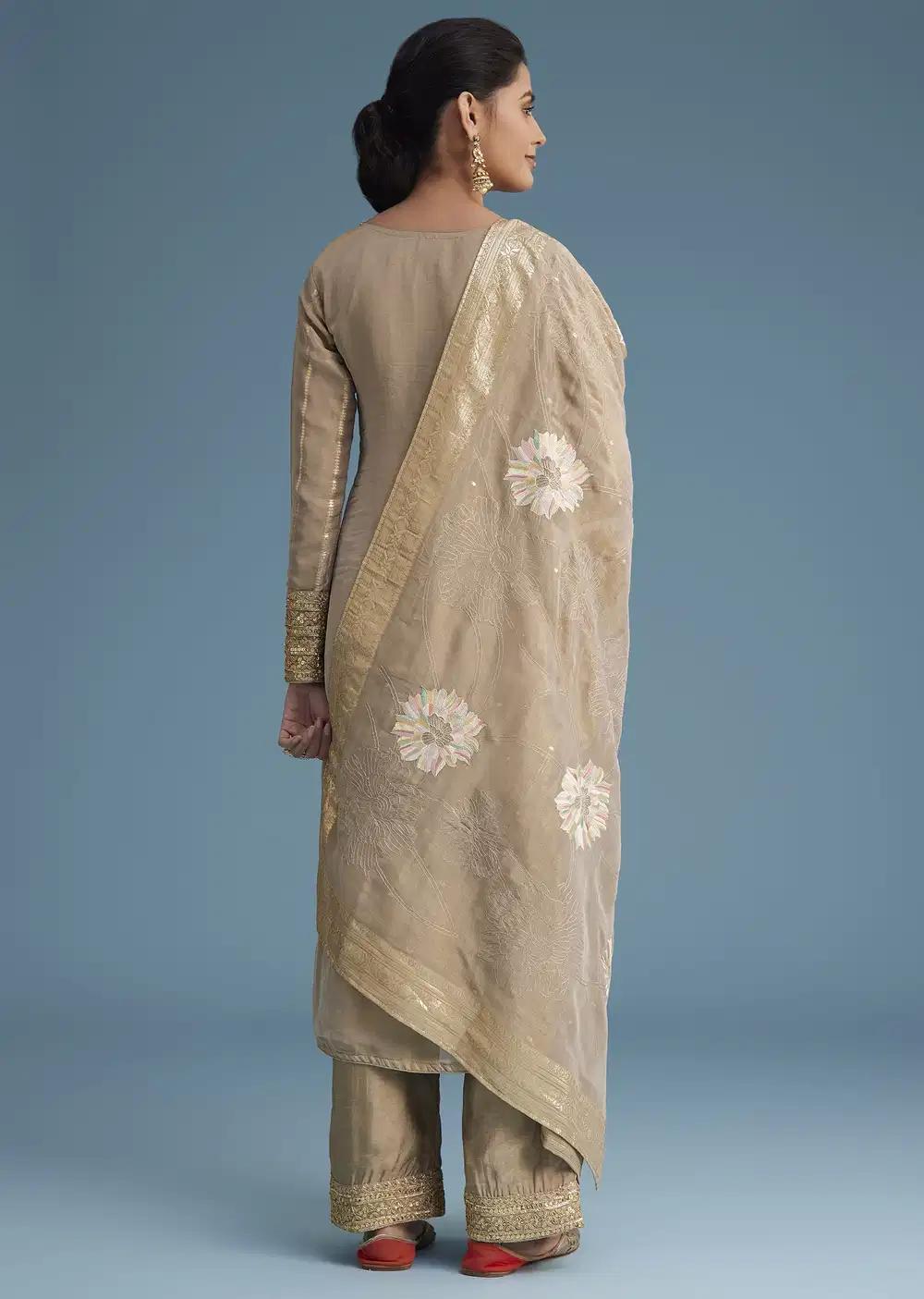Beige Tissue Pant Ensemble With Multi Colour Resham Work Dupatta