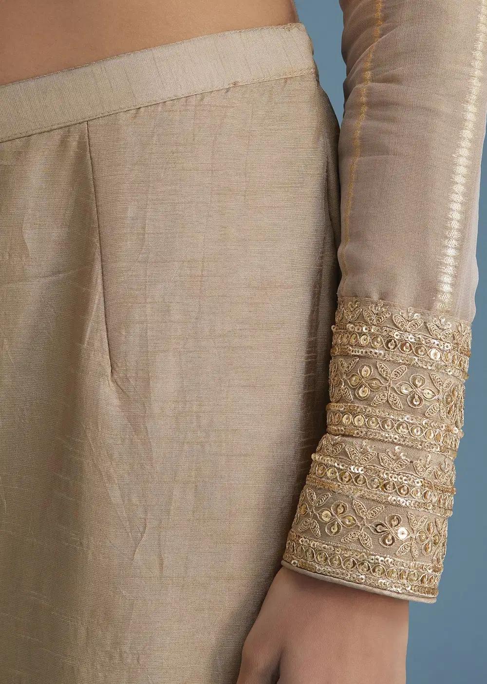 Beige Tissue Pant Ensemble With Multi Colour Resham Work Dupatta