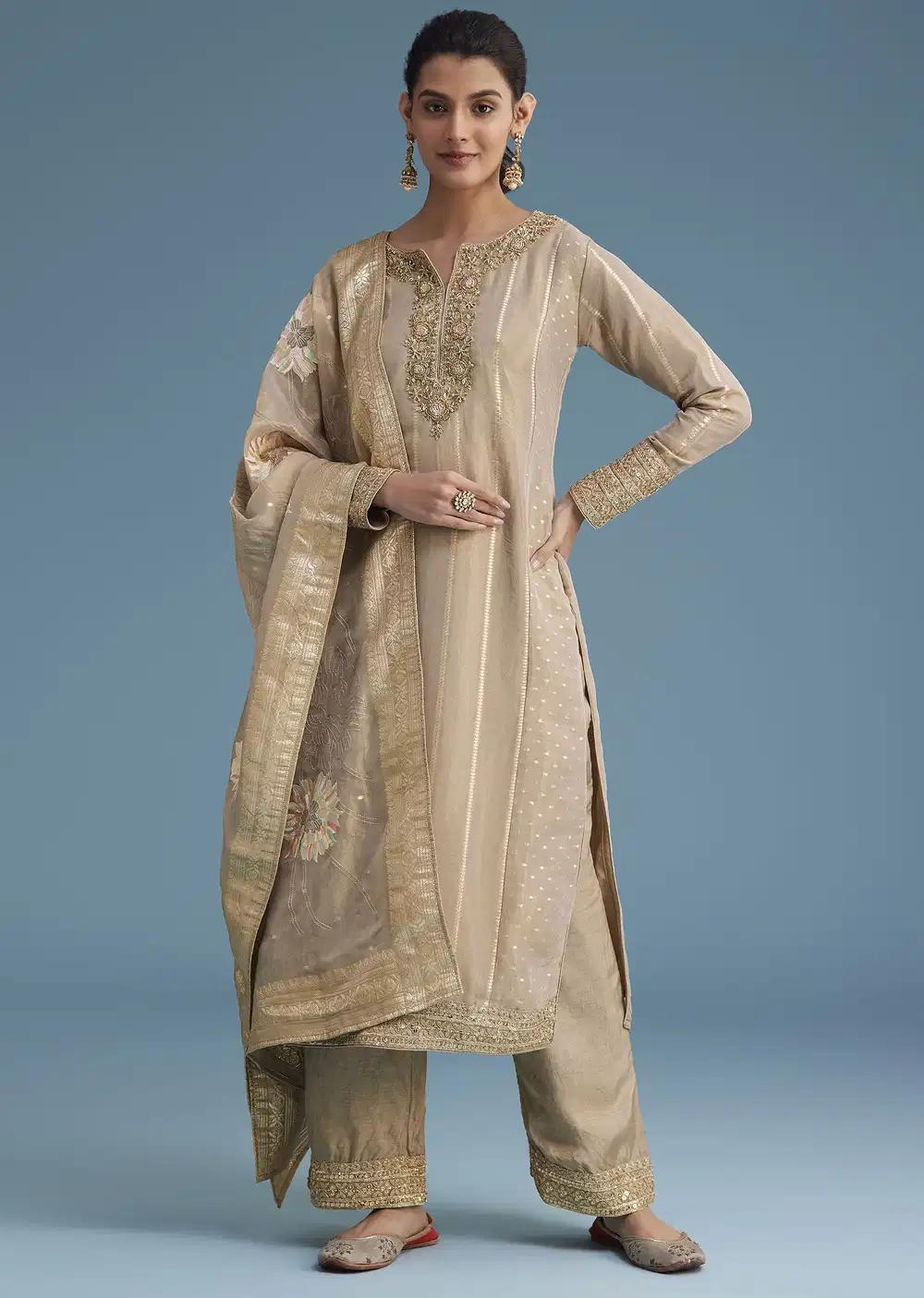 Beige Tissue Pant Ensemble With Multi Colour Resham Work Dupatta