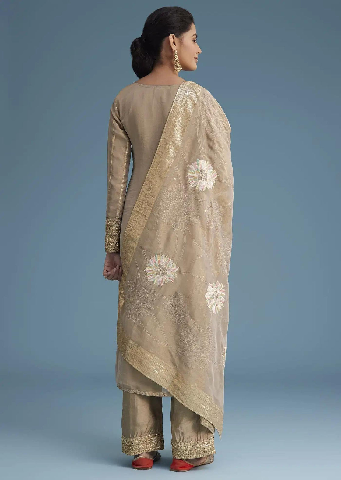 Beige Tissue Trouser Ensemble Featuring Multi Colour Resham Detailing Drape