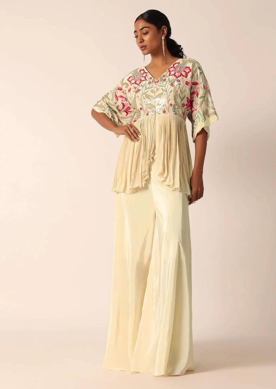 Beige Tunic Palazzo Trousers Ensemble Featuring Bead Detailing
