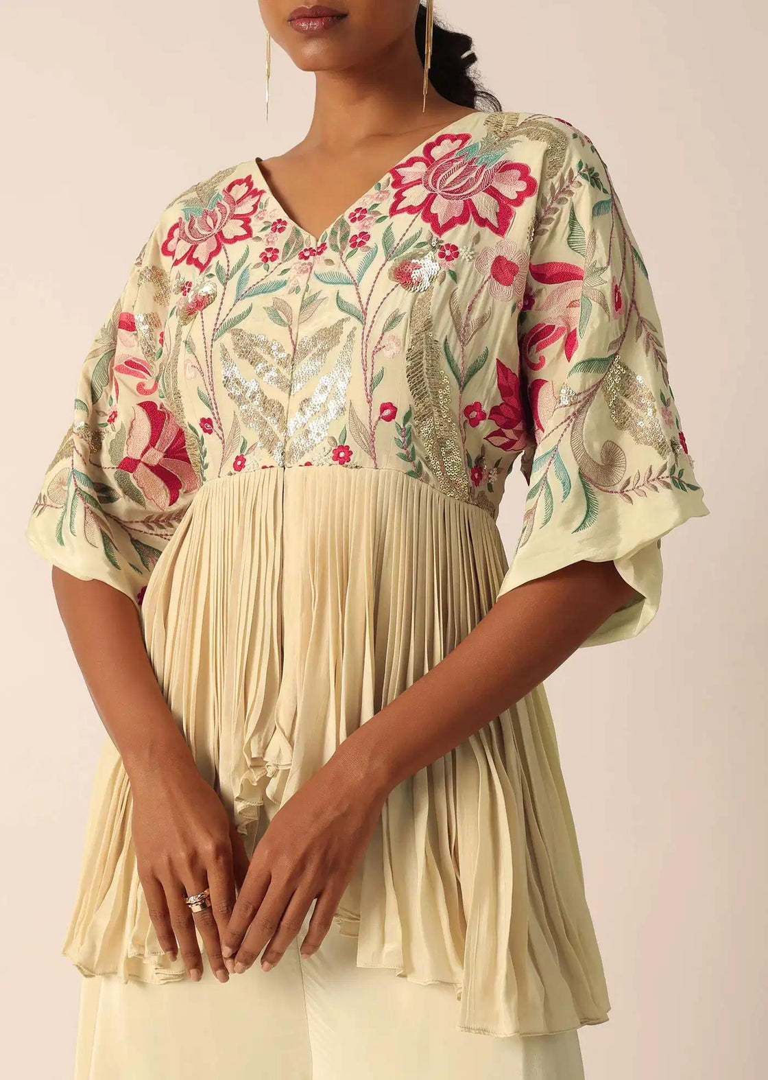 Beige Tunic Palazzo Trousers Ensemble Featuring Bead Detailing