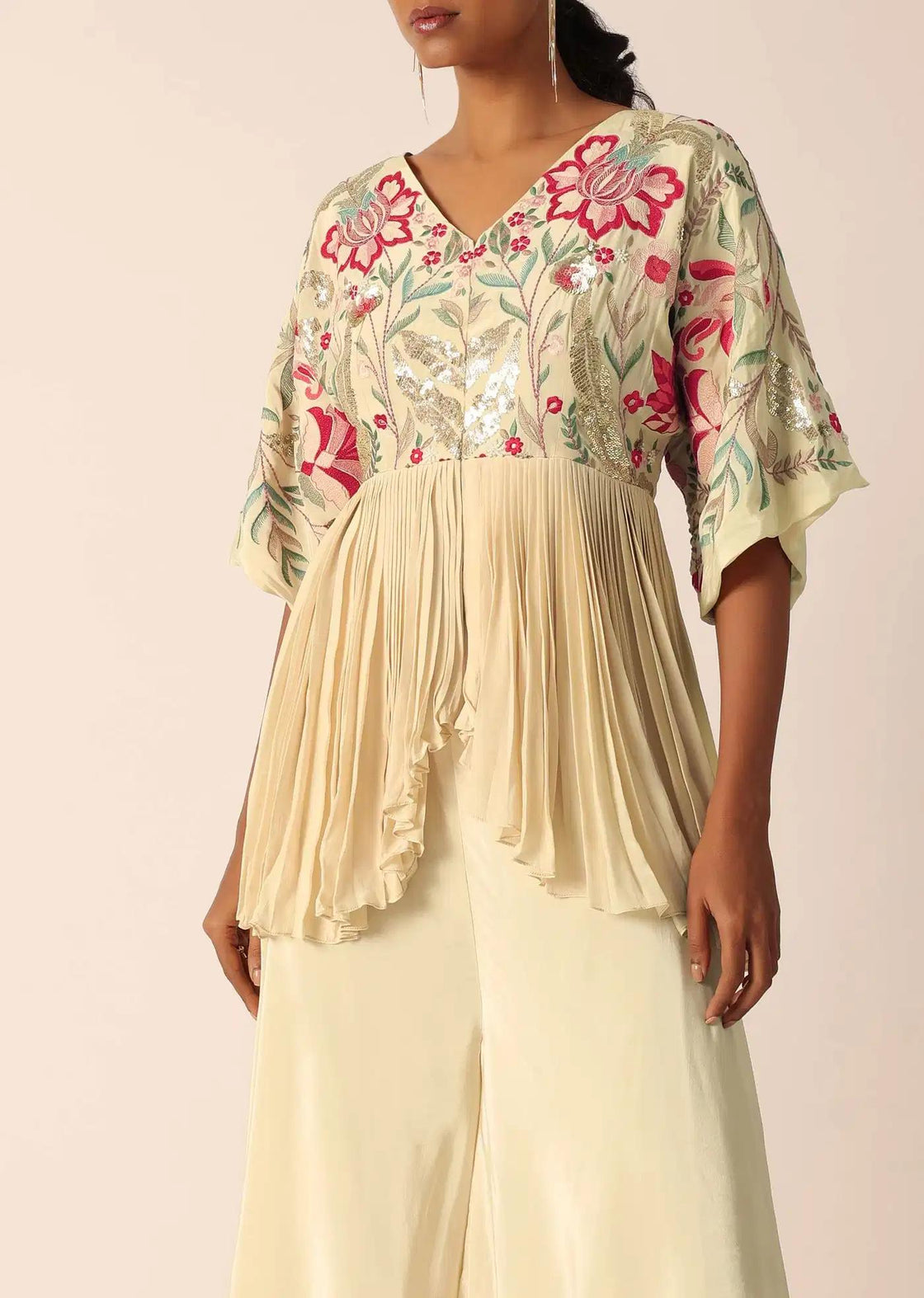 Beige Tunic Palazzo Trousers Ensemble Featuring Bead Detailing