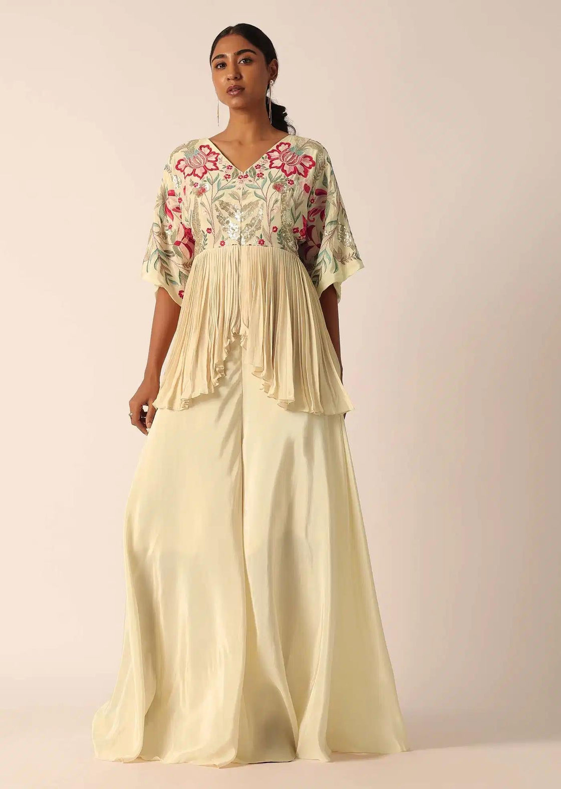 Beige Tunic Palazzo Trousers Ensemble Featuring Bead Detailing