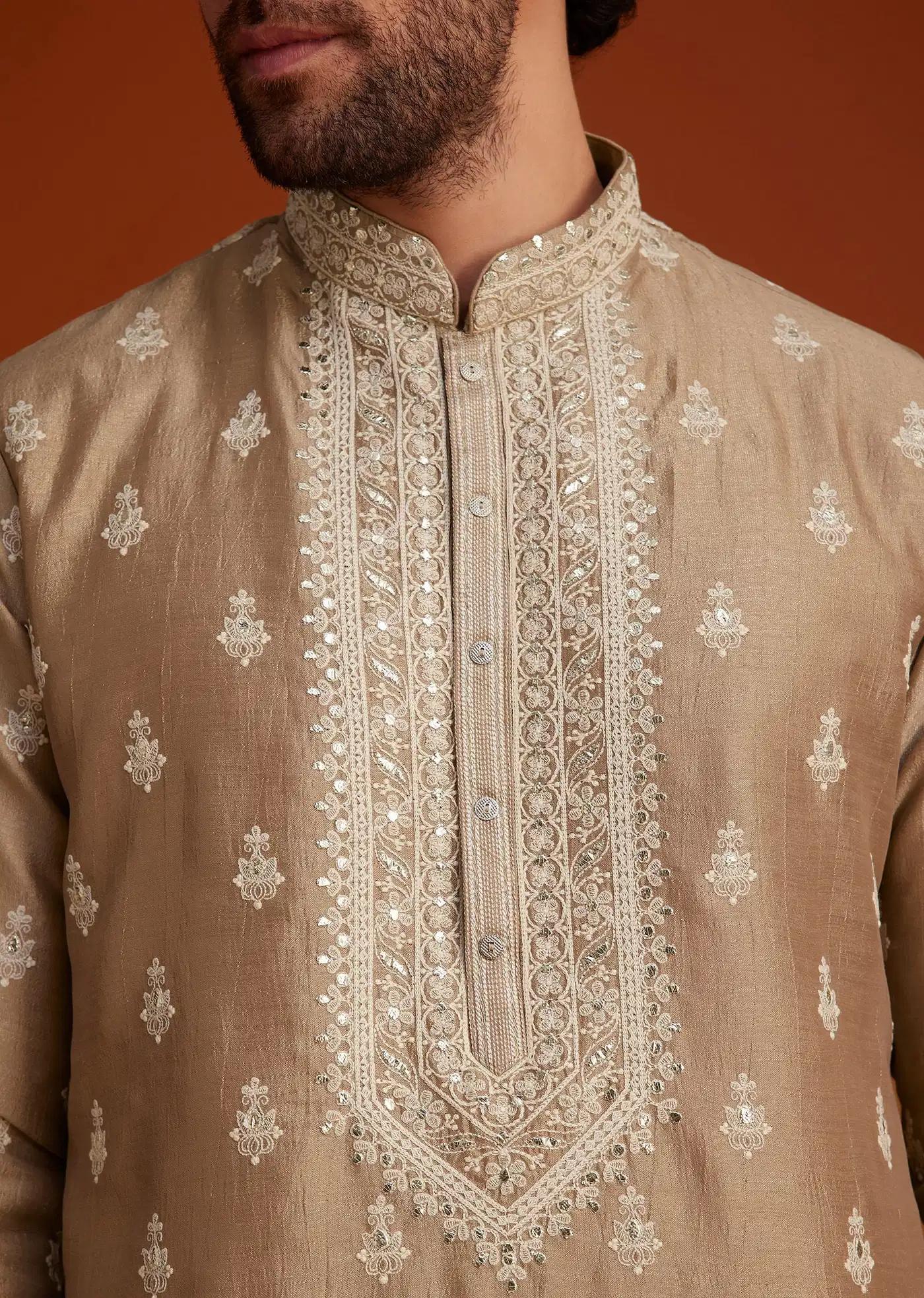 Beige Zari Embroidered Kurta Pajama Set Elegant Designer Kurta Sets