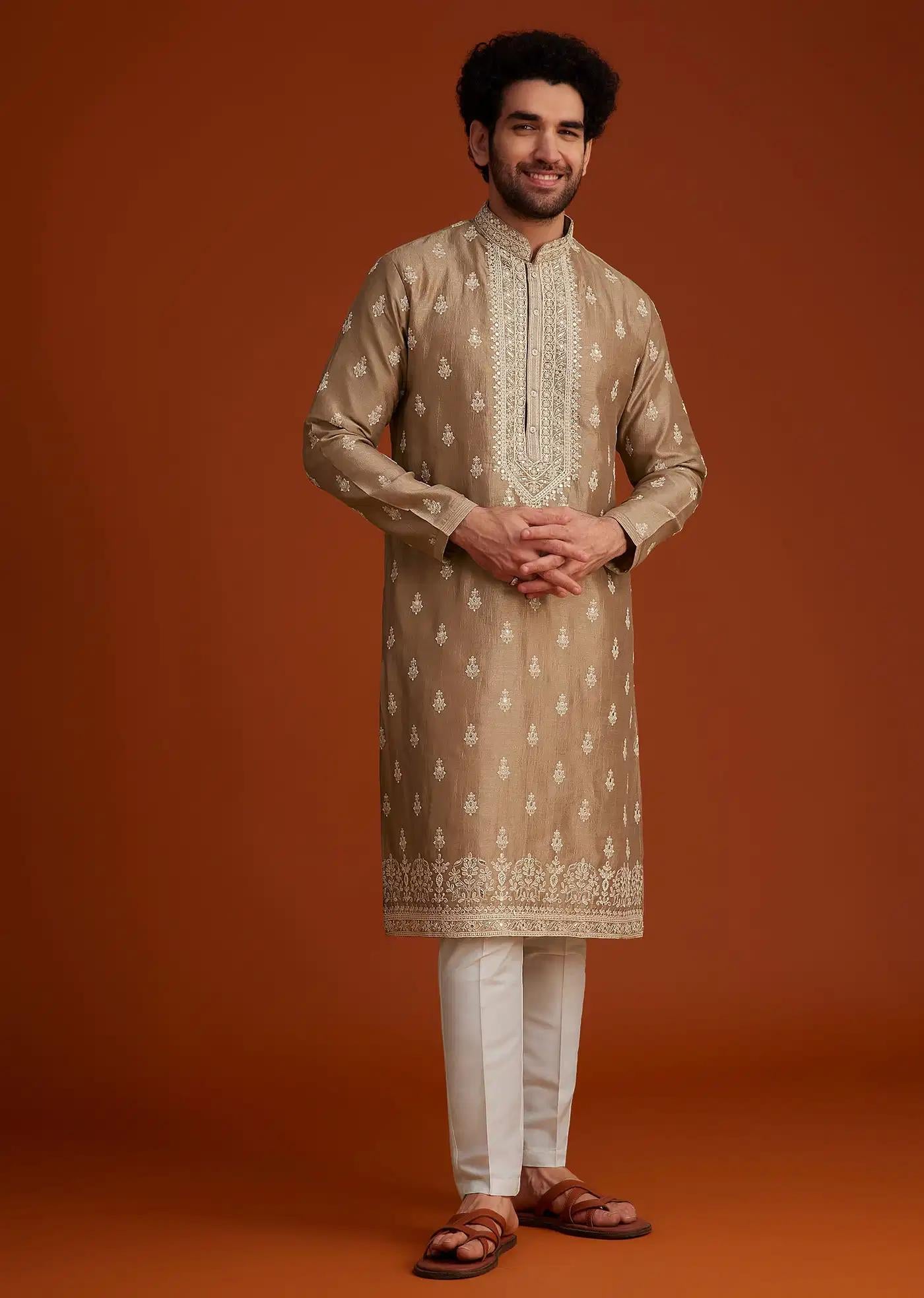 Beige Zari Embroidered Kurta Pajama Set Elegant Designer Kurta Sets