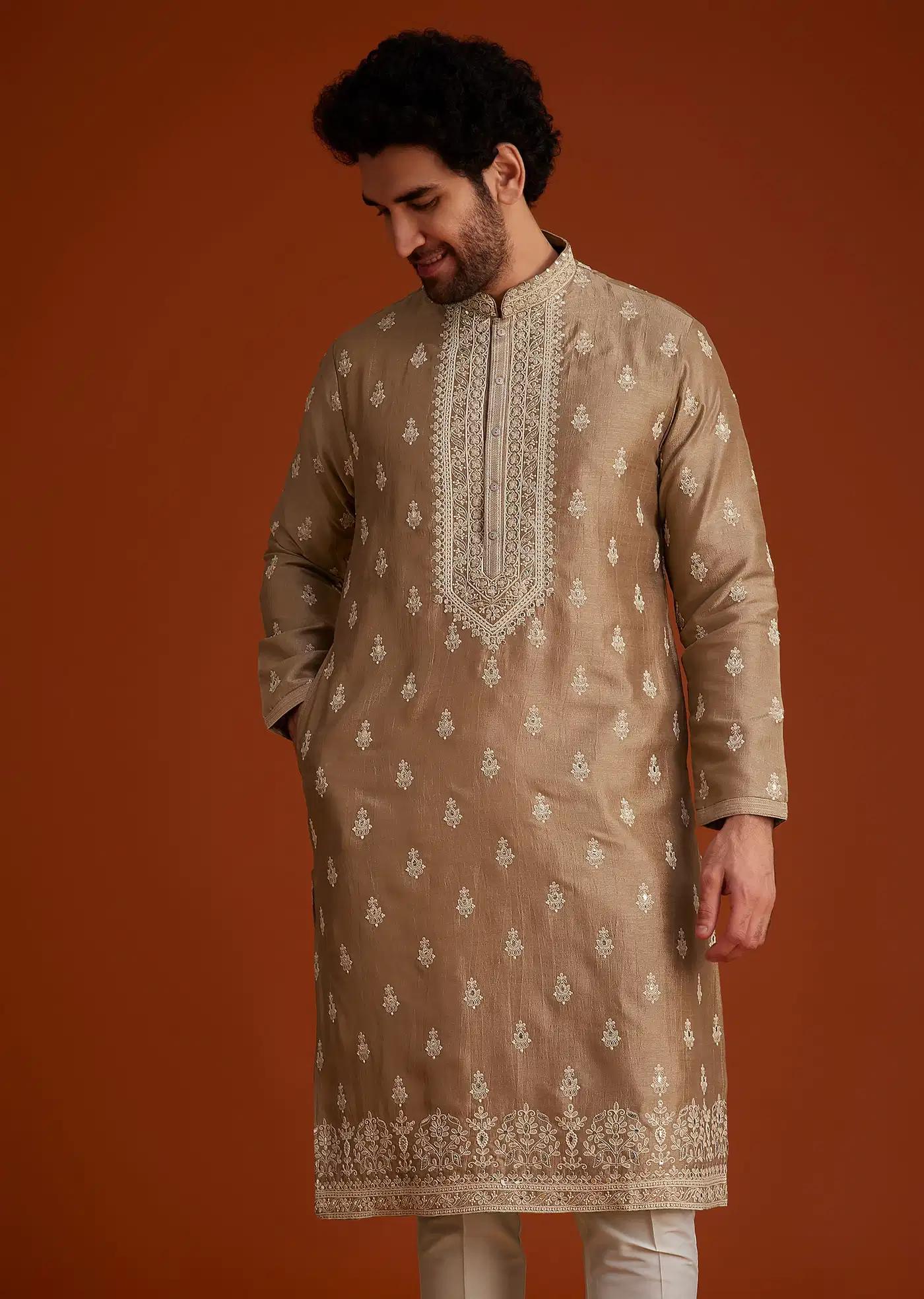 Beige Zari Embroidered Kurta Pajama Set Elegant Designer Kurta Sets