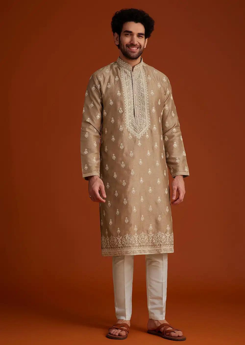 Beige Zari Embroidered Kurta Pajama Set Elegant Designer Kurta Sets