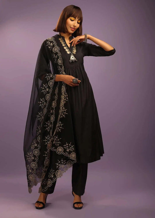 Black A Line Outfit In Chanderi Cotton Featuring Pin Tucks Detailing A Zari Handcrafted Organza Drape
